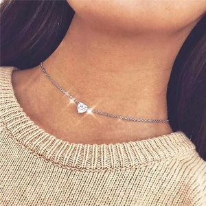 Silver Crystal Heart Pendant Choker Necklace Clavical Love Adjustable Necklaces
